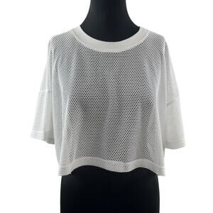Nylora White Crop Fishnet Top Stretch Drop Sleeve Crew Neck Pullover Size Medium